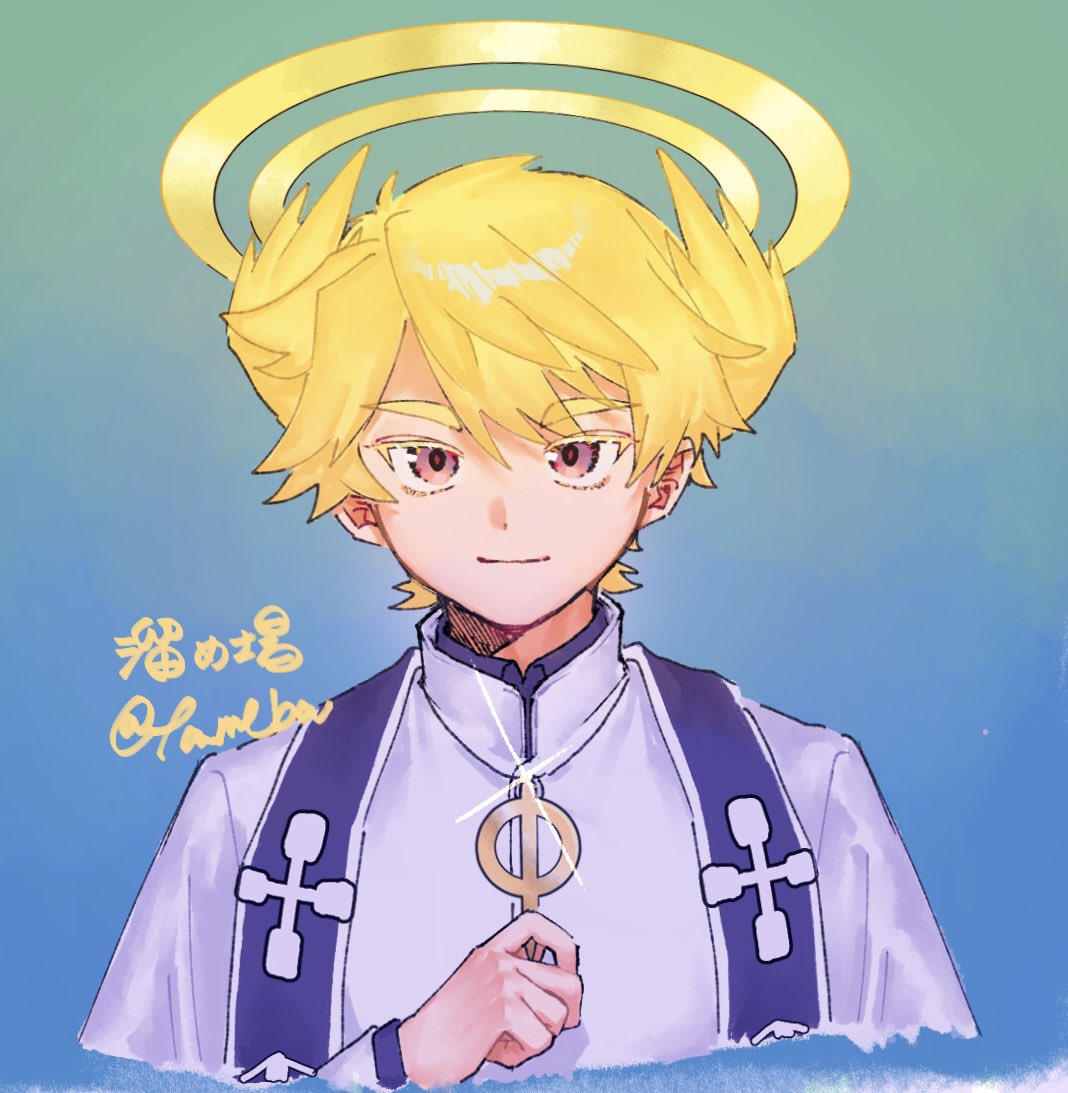 1boy, blonde_hair, blue_background, blue_shirt, closed_mouth, collared_shirt, commentary_request, cropped_torso