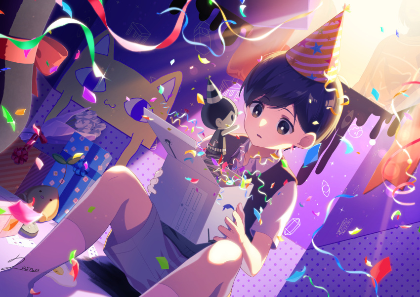 2boys, big_yellow_cat_(omori), black_eyes, black_hair, black_sweater_vest, bright_pupils, collared_shirt, confetti