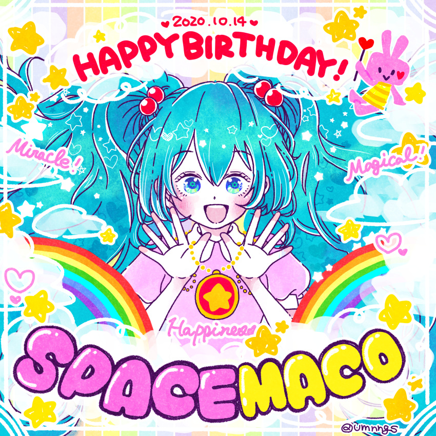 1girl, blue_eyes, blue_hair, blush, character_name, dated, dress, english_text