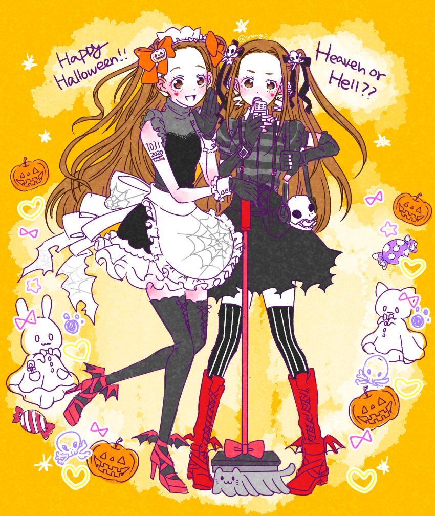 2girls, apron, black_dress, black_gloves, black_shirt, black_skirt, black_thighhighs, brown_eyes