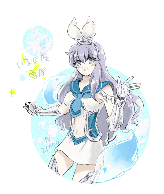 1girl, armor, armored_gloves, blue_eyes, breasts, character_name, delphinus_yukino_(saint_seiya:_rising_cosmo), fingerless_gloves