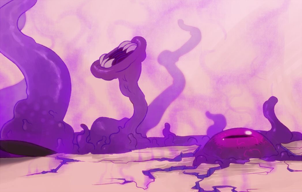 crack, cracked_floor, doxolove, dungeon_and_fighter, eyeball, monster, no_humans, pink_background, sharp_teeth, smoke, teeth, tentacles, violet_eyes