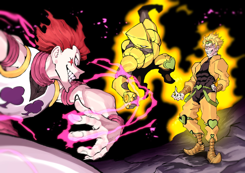 2boys, absurdres, battle, blonde_hair, crazy_eyes, crazy_smile, dingotoad, dio_brando