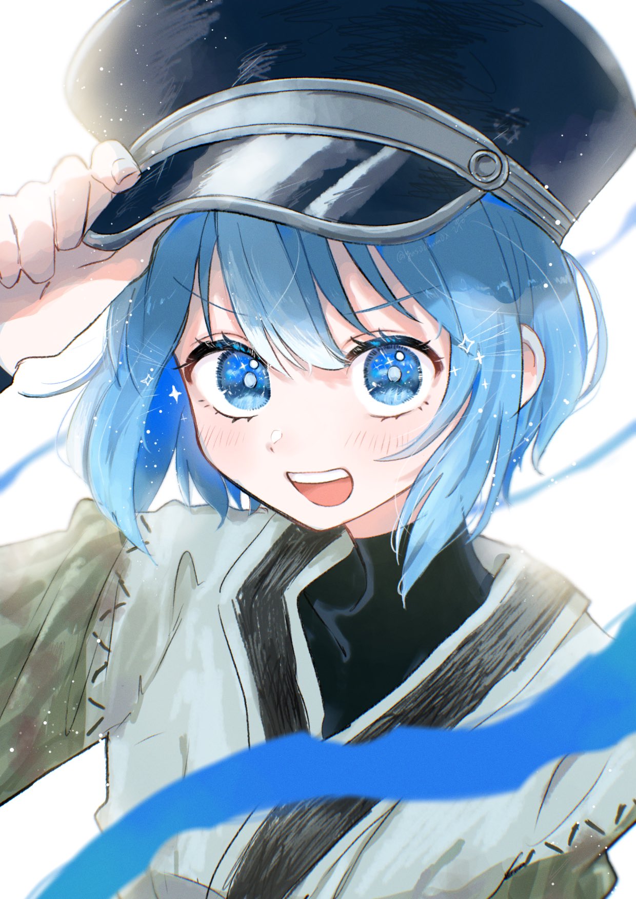 1girl, black_hat, blue_eyes, blue_hair, blue_ribbon, blush, commentary_request, covered_collarbone