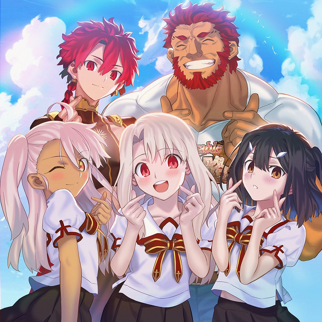 2boys, 3girls, ahoge, alexander_(fate), aora, beard, black_hair, braid