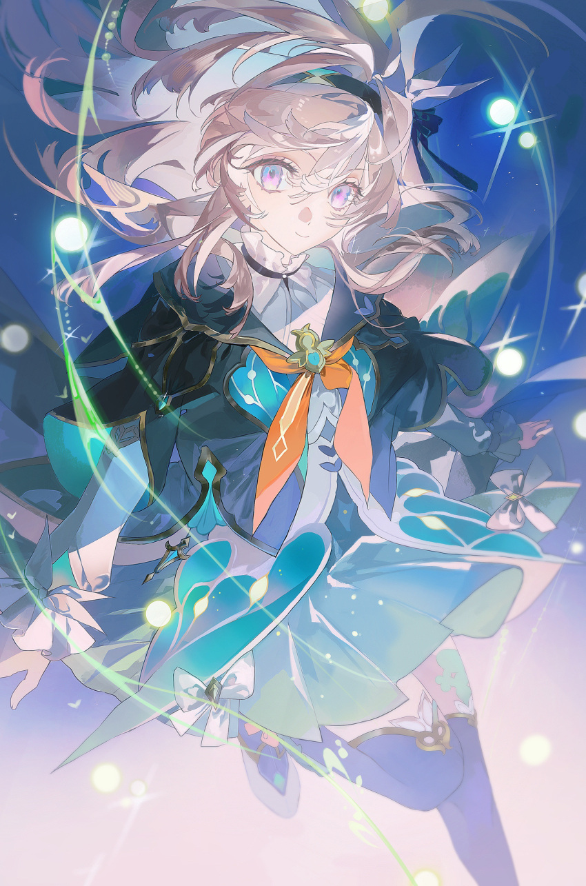 1girl, absurdres, black_hairband, breasts, collared_shirt, cowboy_shot, cropped_jacket, firefly_(honkai:_star_rail), floating_hair, frilled_sleeves, frills, green_skirt, green_thighhighs, grey_hair, hair_between_eyes, hair_ornament, hairband, highres, honkai:_star_rail, honkai_(series), long_hair, long_sleeves, medium_breasts, neckerchief, orange_neckerchief, poking22192, shirt, skirt, smile, solo, standing, standing_on_one_leg, thigh-highs, two-tone_eyes