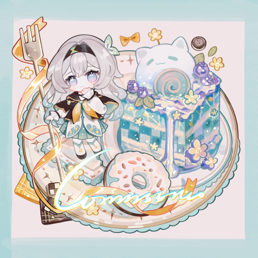 1girl, black_hairband, cake, chibi, chibi_only, collared_shirt, cropped_jacket, doughnut