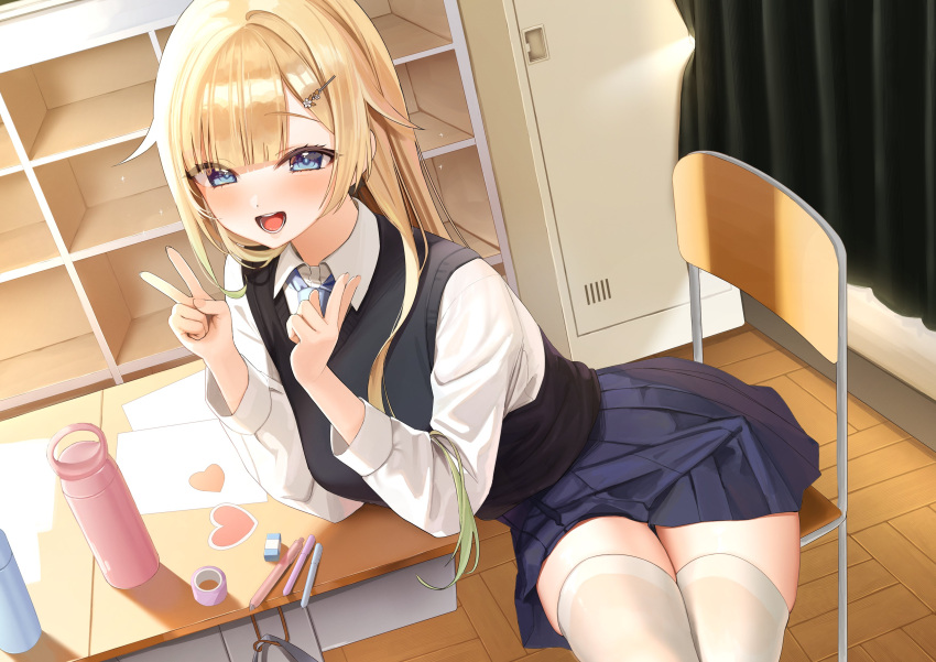 0707_una, 1girl, absurdres, aizawa_ema, blonde_hair, blue_eyes, blue_skirt, chair, collared_shirt, desk, hair_ornament, hairclip, highres, indoors, long_hair, long_sleeves, looking_at_viewer, on_chair, open_mouth, school_chair, school_desk, school_uniform, shirt, sitting, skirt, smile, teeth, thigh-highs, v, virtual_youtuber, vspo!, white_shirt, white_thighhighs, zettai_ryouiki