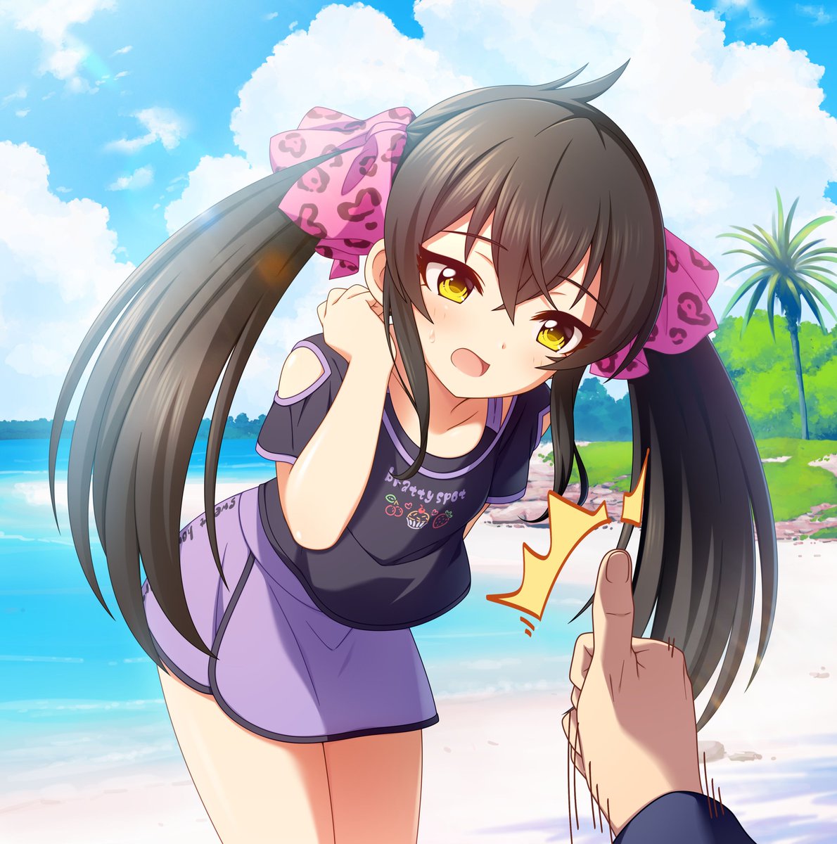 1boy, 1girl, beach, black_hair, black_shirt, blue_sky, blush, clouds