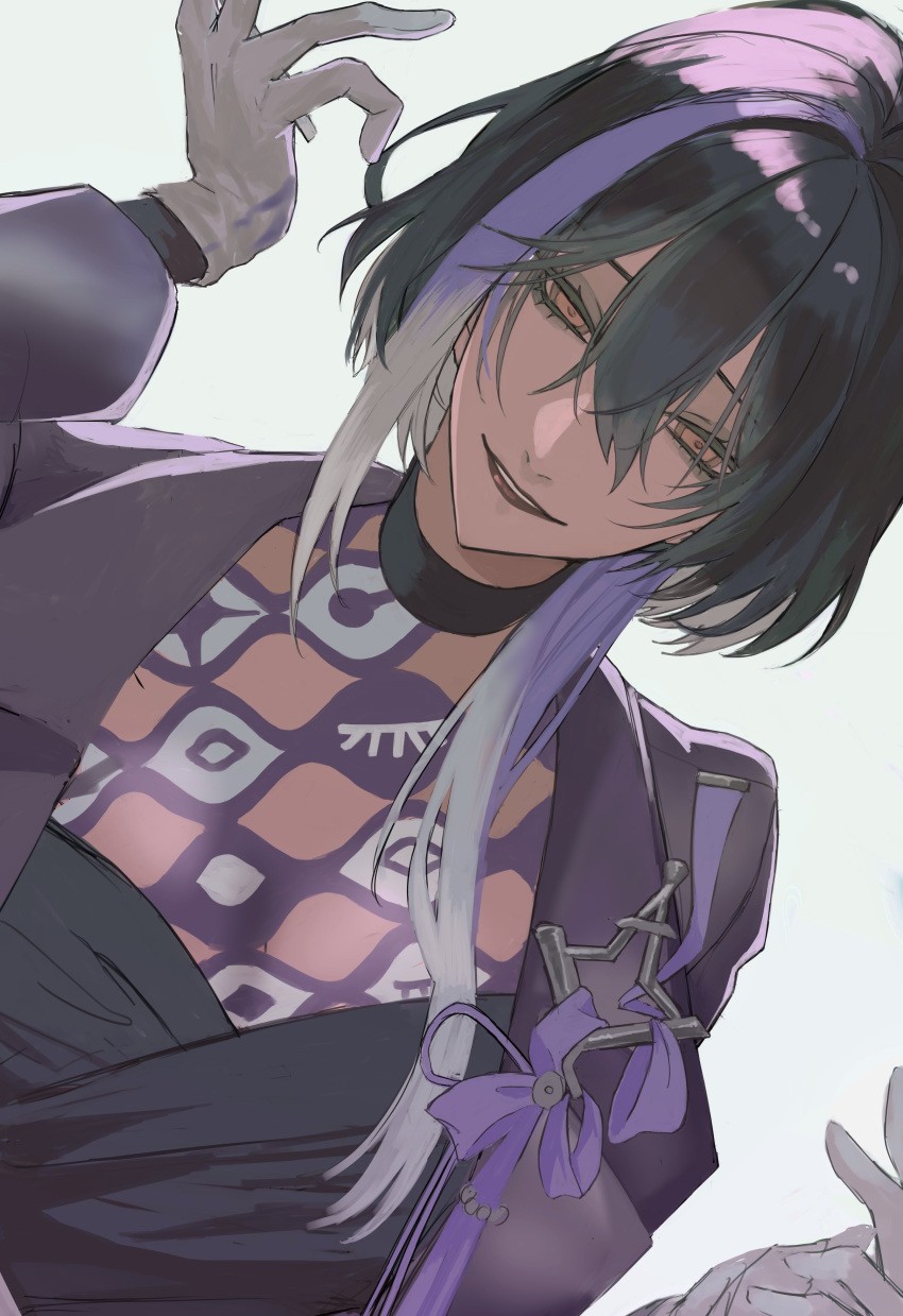 1girl, absurdres, black_hair, gloves, grin, hair_between_eyes, highres, long_sleeves