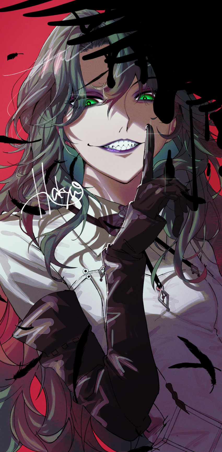 absurdres, black_gloves, collared_shirt, elbow_gloves, eyeshadow, feathers, finger_to_mouth, gloves