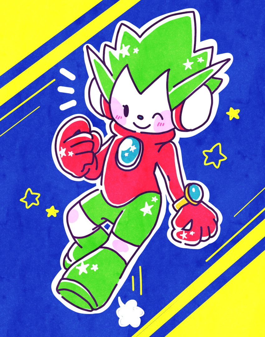 1boy, blush_stickers, bodysuit, brooch, closed_mouth, full_body, green_hair, headphones