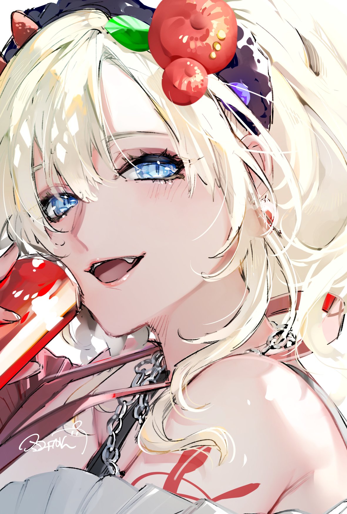1girl, bare_shoulders, bianca_(path_to_nowhere), blonde_hair, blue_eyes, can, chain, chain_necklace, fang, hairband, highres, ho-cki, holding, holding_can, jewelry, medium_hair, necklace, open_mouth, path_to_nowhere, portrait, sideways, smile, solo