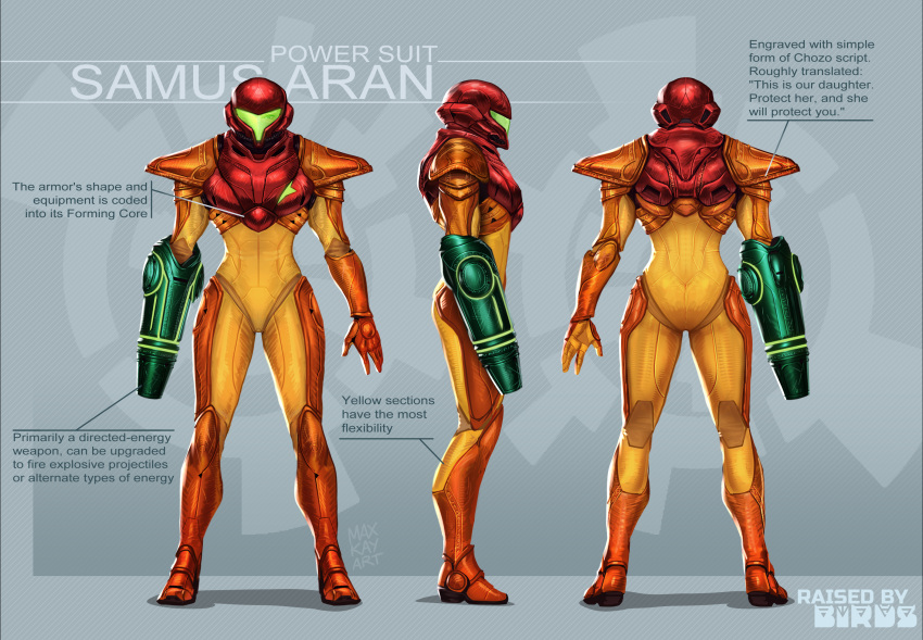 1girl, arm_cannon, armor, artist_name, assault_visor, character_name, character_profile, diagram