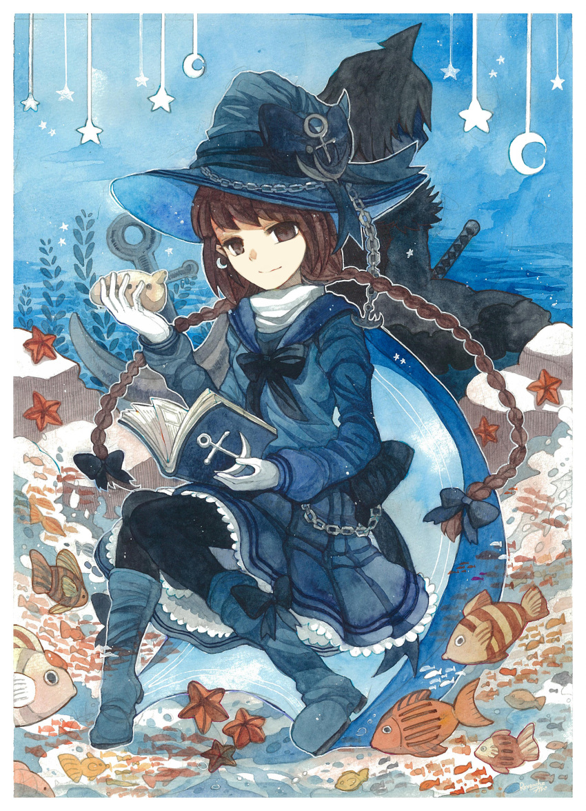 1boy, 1girl, absurdres, anchor, anchor_hat_ornament, blue_cape, book, bow