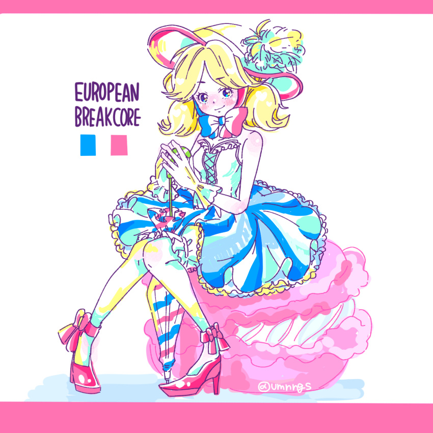 1girl, anne_(pop'n_music), blonde_hair, bloomers, blue_dress, blue_eyes, closed_mouth, closed_umbrella, dress, english_text, eyelashes, food, french_flag, french_flag_print, full_body, gloves, hat, high_heels, highres, looking_at_viewer, macaron, pink_footwear, pop'n_music, smile, twintails, twitter_username, umbrella, uminonagisa, white_gloves