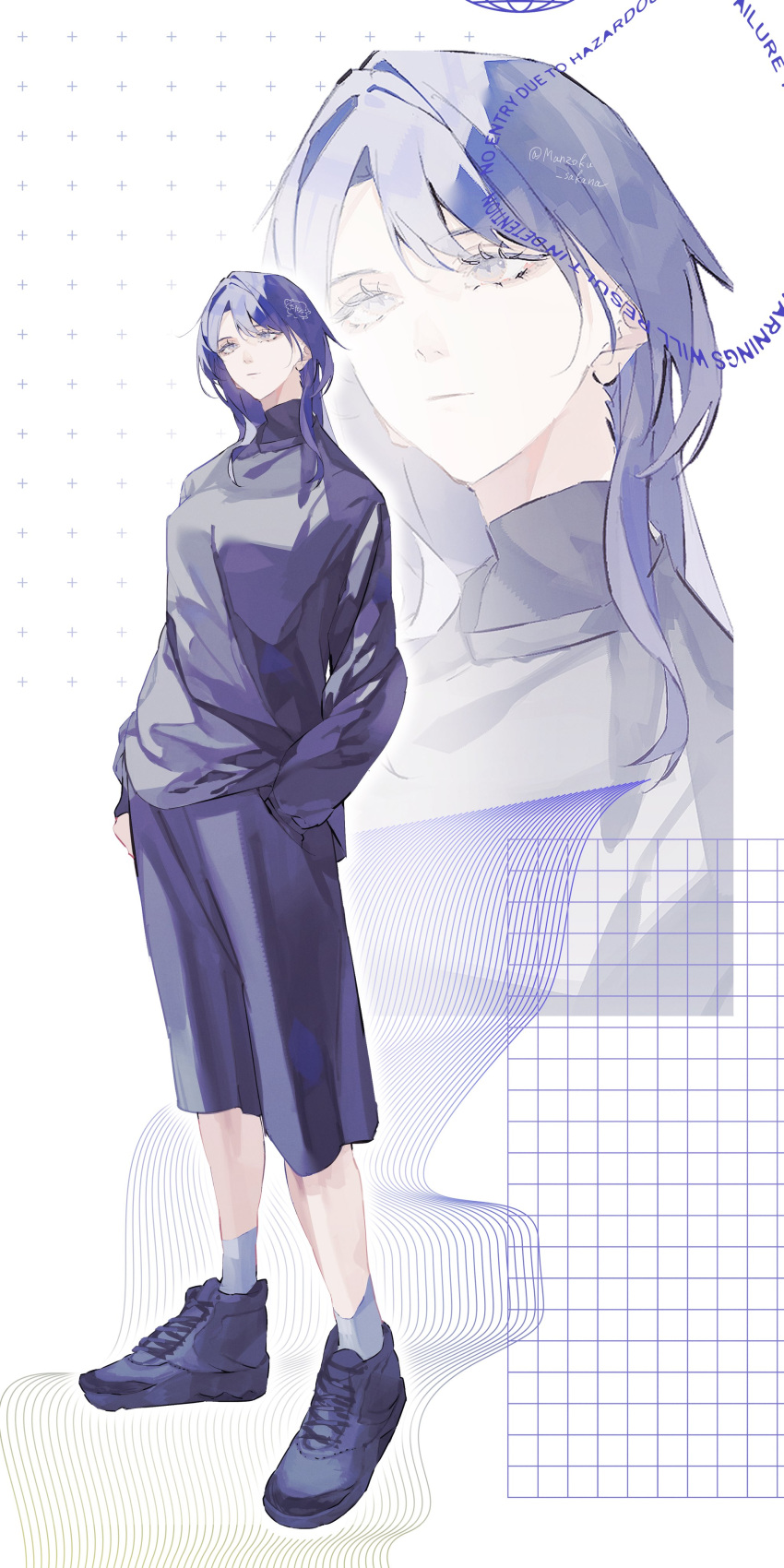 1girl, absurdres, blue_hair, chief_(path_to_nowhere), female_chief_(path_to_nowhere), hand_in_pocket, highres, long_hair