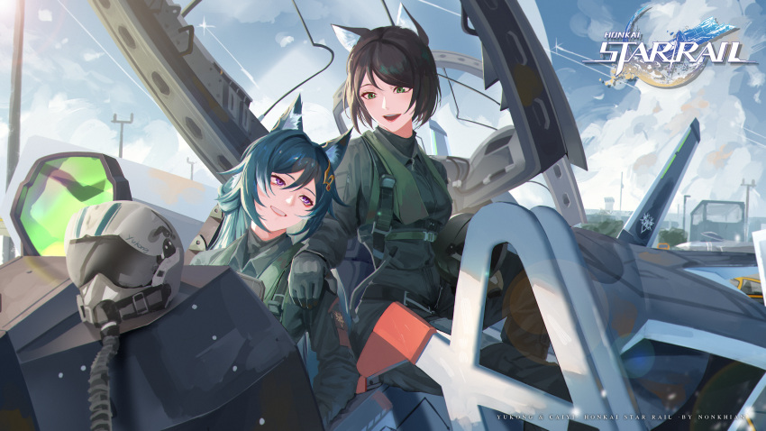 2girls, absurdres, animal_ear_fluff, animal_ears, black_suit, caiyi_(honkai:_star_rail), commentary, english_commentary, fox_ears, fox_girl, green_hair, hair_between_eyes, hair_ornament, highres, honkai:_star_rail, honkai_(series), logo, looking_at_another, multiple_girls, nonkhian, pilot_suit, smile, suit, teeth, violet_eyes, yukong_(honkai:_star_rail)