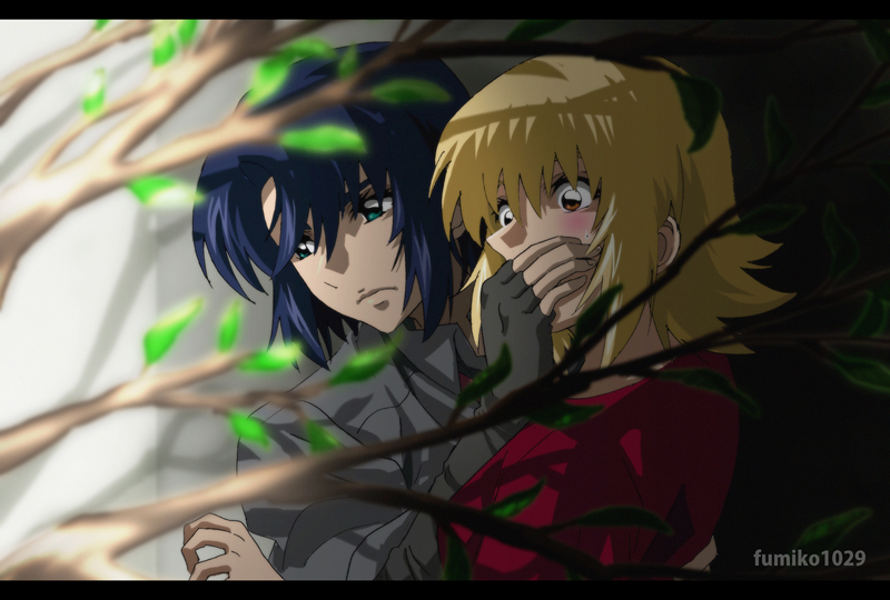 1boy, 1girl, artist_name, athrun_zala, blonde_hair, blue_hair, blush, branch