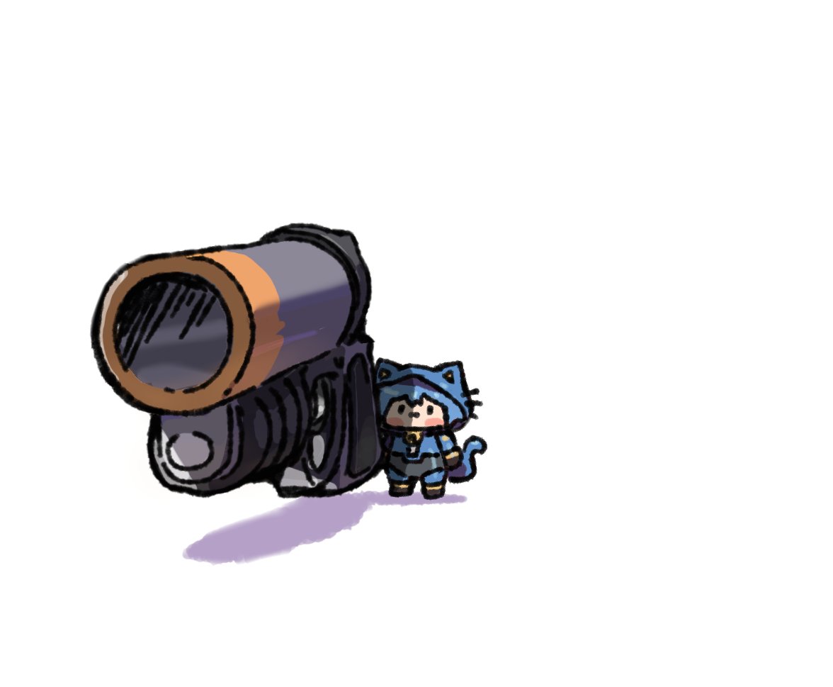 1girl, :3, aiming, aiming_at_viewer, animal_ears, blu_pyro_(tf2), blue_bodysuit, blue_hair