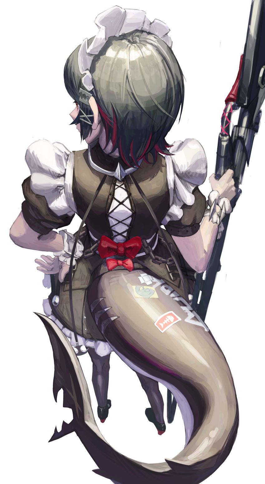 1girl, absurdres, bite_mark, black_footwear, black_hair, black_pantyhose, bow, cross-laced_clothes, cross-laced_dress, dress, ellen_joe, fins, fish_tail, frilled_dress, frills, from_above, from_behind, full_body, hair_ornament, hairclip, highres, maid, maid_headdress, nape, pantyhose, ponaponyo, profile, red_bow, red_eyes, redhead, shark_girl, shark_tail, short_hair, simple_background, solo, tail, weapon, white_background, zenless_zone_zero