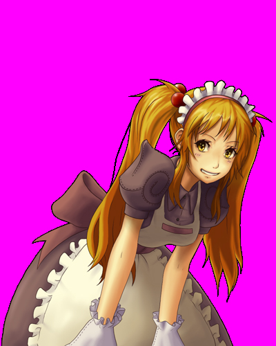 1girl, apron, blonde_hair, breasts, brown_dress, brown_sash, collared_dress, commentary_request