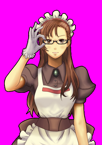 1girl, adjusting_eyewear, apron, black-framed_eyewear, brown_dress, brown_eyes, brown_hair, brown_sash