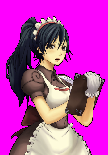 1girl, apron, black_hair, blossom_(ragnarok_online), breasts, brown_dress, brown_eyes, clipboard, collared_dress, commentary_request, cowboy_shot, dress, frilled_apron, frills, gloves, high_ponytail, holding, holding_clipboard, inaba515, kafra_uniform, looking_at_viewer, lowres, maid, maid_headdress, medium_breasts, pink_background, puffy_short_sleeves, puffy_sleeves, ragnarok_online, short_sleeves, simple_background, solo, white_apron, white_gloves