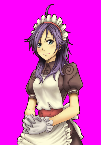 1girl, ahoge, apron, brown_dress, closed_mouth, collared_dress, commentary_request, cowboy_shot, dress, frilled_apron, frills, gloves, inaba515, kafra_uniform, long_hair, looking_at_viewer, lowres, maid, maid_headdress, pavianne_(ragnarok_online), pink_background, puffy_short_sleeves, puffy_sleeves, purple_hair, ragnarok_online, red_sash, sash, short_sleeves, signature, simple_background, smile, solo, swept_bangs, white_apron, white_gloves