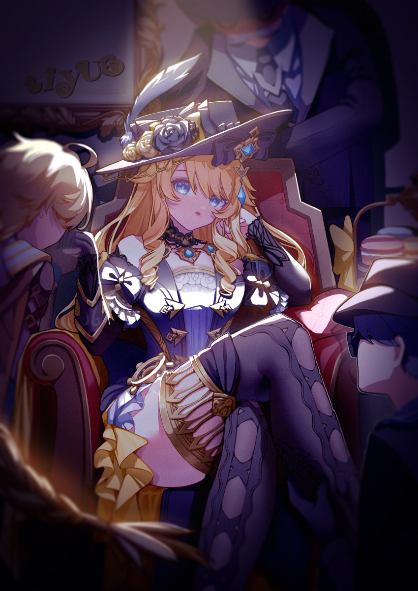 1girl, 3boys, :o, absurdres, aether_(genshin_impact), ahoge, armchair, artist_name