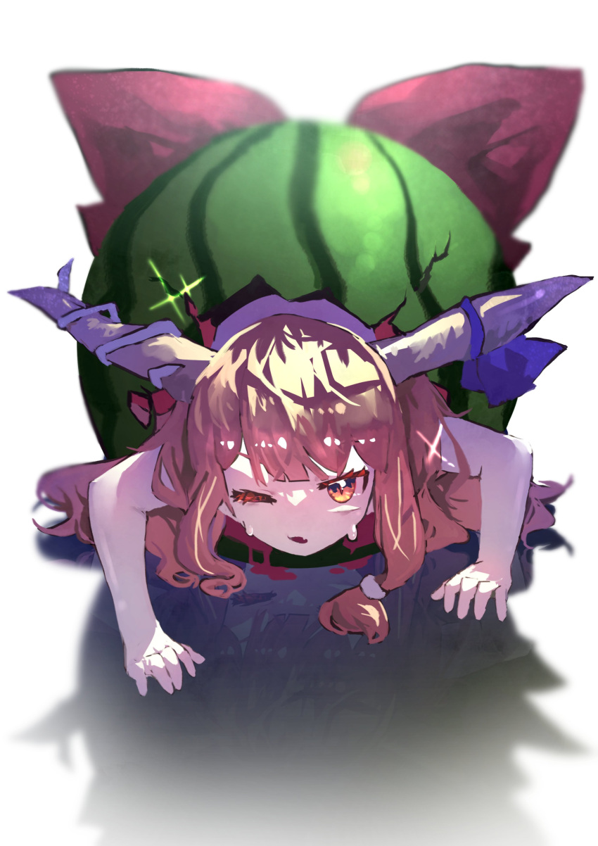 1girl, absurdres, food, fruit, full_body, getsurai, highres, horn_ornament