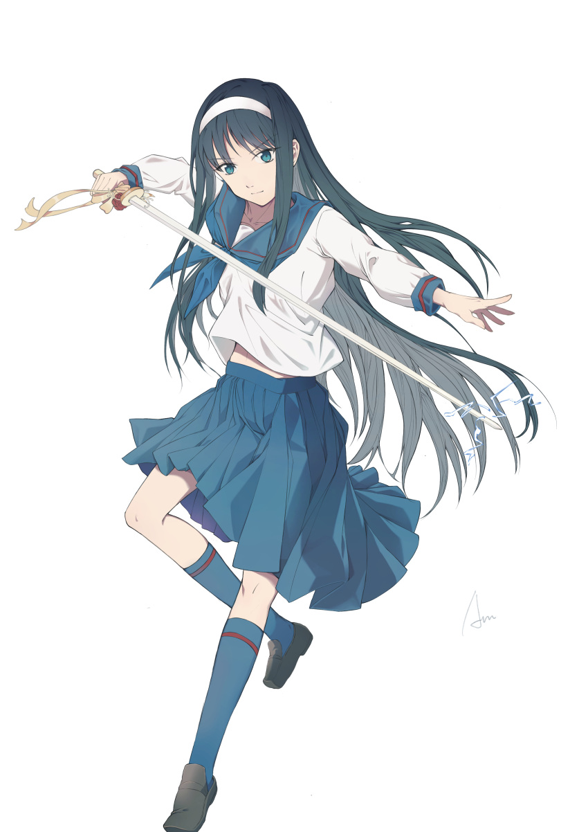 1girl, absurdres, amunce, asagami_private_girls_acadamy_uniform, black_hair, hair_ornament, hairband, highres, holding, holding_sword, holding_weapon, loafers, long_hair, looking_at_viewer, outstretched_arms, pleated_skirt, sailor_collar, school_uniform, shoes, skirt, smile, socks, sword, tohno_akiha, tsukihime, weapon