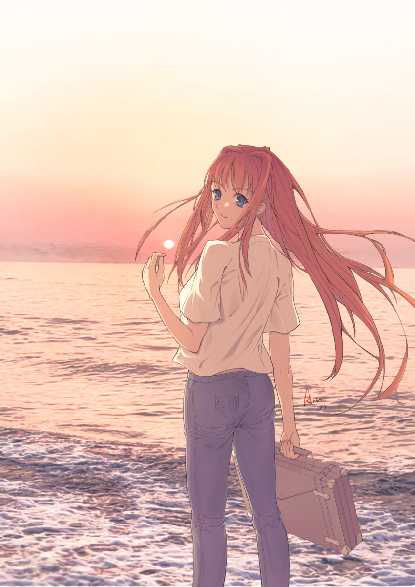 1girl, absurdres, amunce, aozaki_aoko, blue_eyes, briefcase, denim, highres, jeans, long_hair, looking_at_viewer, mahou_tsukai_no_yoru, ocean, pants, redhead, shirt, sunset, white_shirt