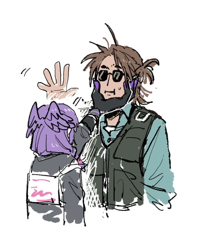 1boy, 1girl, :i, black_shirt, black_vest, bonnivier_pranaja, bonnivier_pranaja_(1st_costume), braid, brown_hair, closed_mouth, cropped_torso, dark-skinned_male, dark_skin, grabbing_another's_chin, green_shirt, hand_on_another's_chin, head_wings, highres, long_hair, long_sleeves, nijisanji, nijisanji_en, oy97oy, selen_tatsuki, shirt, simple_background, twin_braids, upper_body, vest, white_background, wings