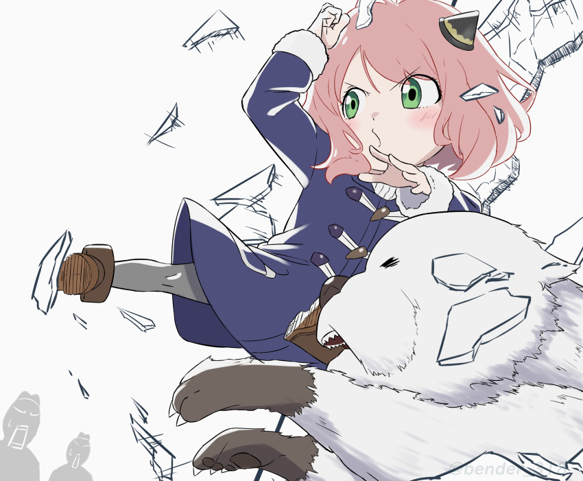 1girl, 2others, anya_(spy_x_family), bender_(318), blue_coat, blush, bond_(spy_x_family), broken_wall