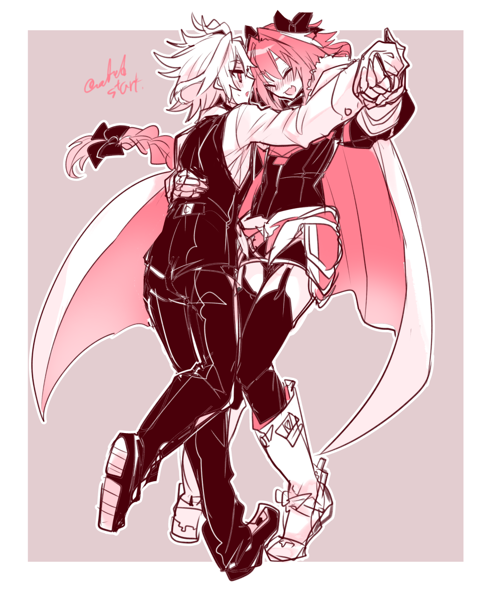 2boys, armor, astolfo_(fate), black_bow, black_garter_straps, black_pants, black_vest, blush