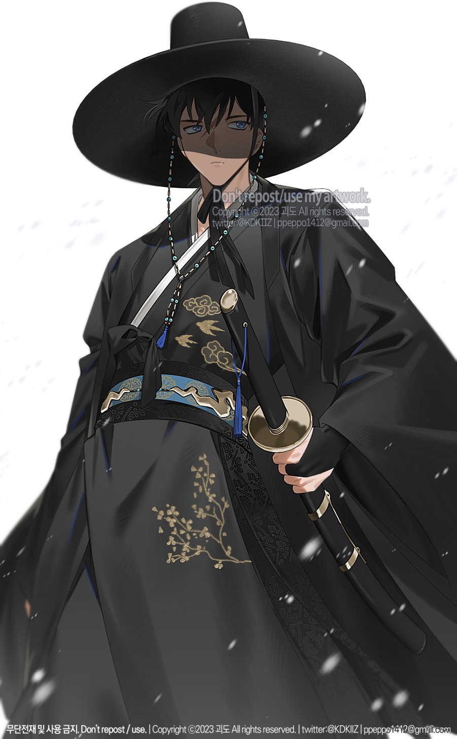 1boy, belt, black_bridal_gauntlets, black_coat, black_hair, black_hanbok, black_hat, black_jeogori, blue_eyes, bridal_gauntlets, coat, commentary, cowboy_shot, gat_(korean_traditional_hat), hanbok, hat, highres, holding, holding_sword, holding_weapon, kidkuroba4869, korean_clothes, kudou_shin'ichi, long_sleeves, looking_to_the_side, male_focus, meitantei_conan, sheath, sheathed, short_hair, simple_background, solo, sword, symbol-only_commentary, watermark, weapon, white_background, wide_sleeves, xiangyun