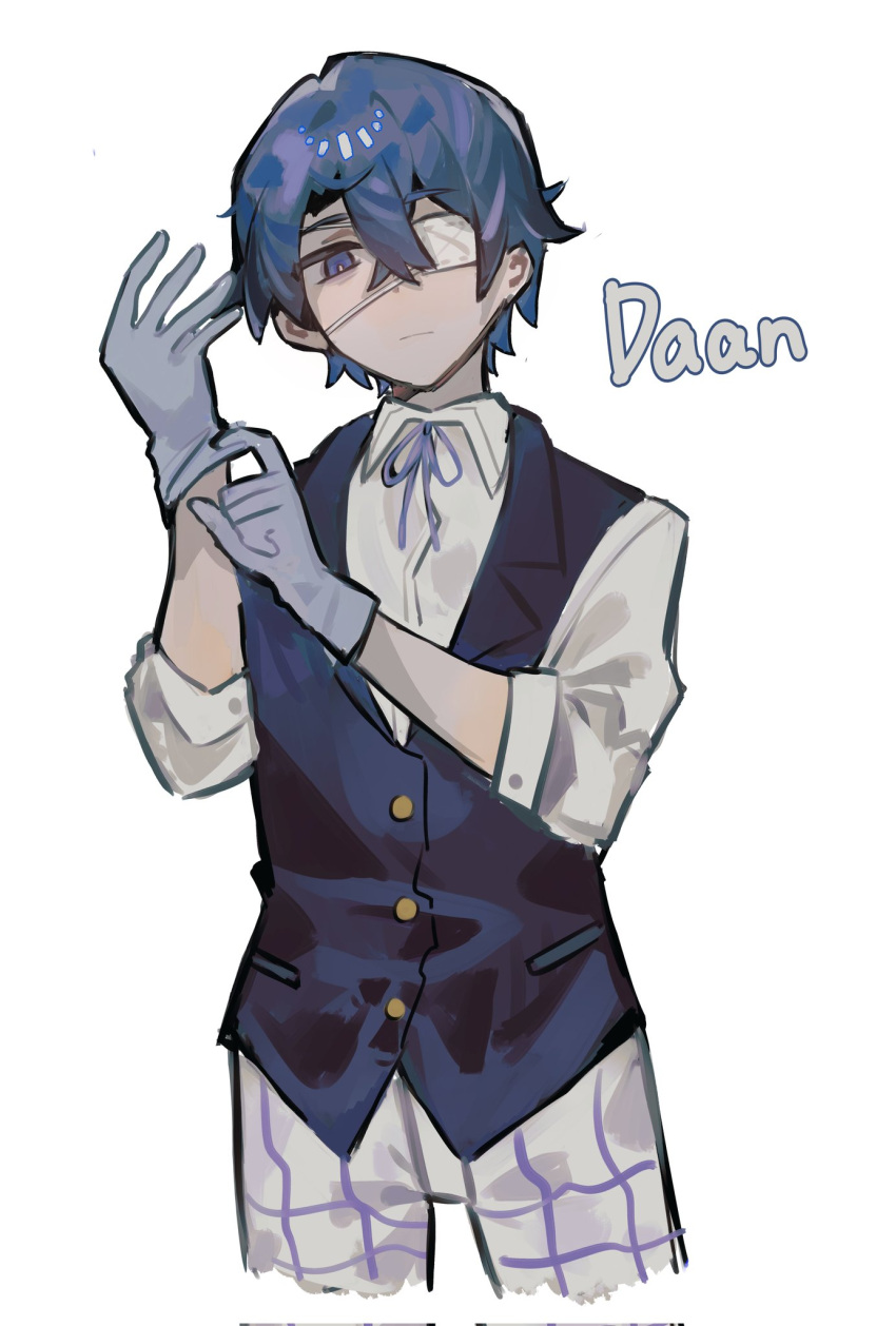 1boy, adjusting_clothes, adjusting_gloves, akasasachii, black_vest, blue_eyes, blue_hair, blue_ribbon