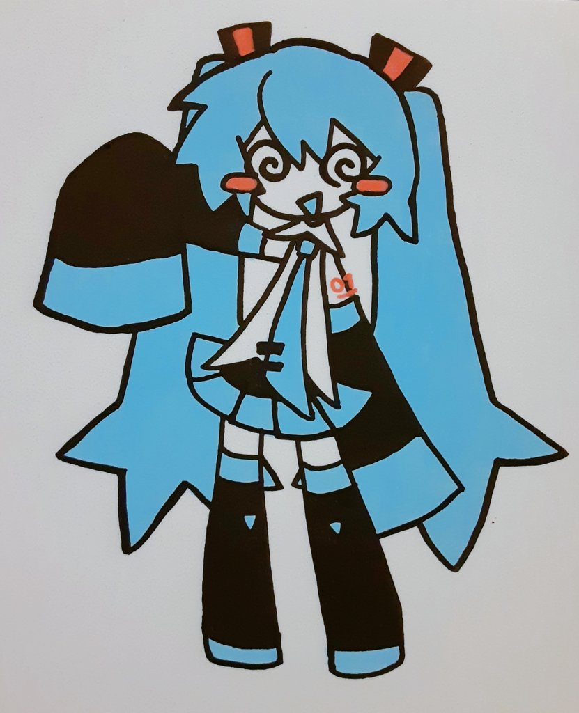 1girl, @_@, arm_at_side, arm_up, black_skirt, black_sleeves, blue_hair, blue_necktie