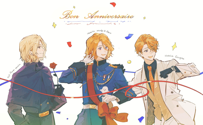 3boys, absurdres, aiguillette, alternate_universe, anniversary, award_ribbon, axis_powers_hetalia, belt