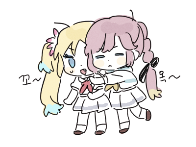 2girls, :<, :d, =_=, anyoji_hime, black_ribbon, blonde_hair, blue_eyes