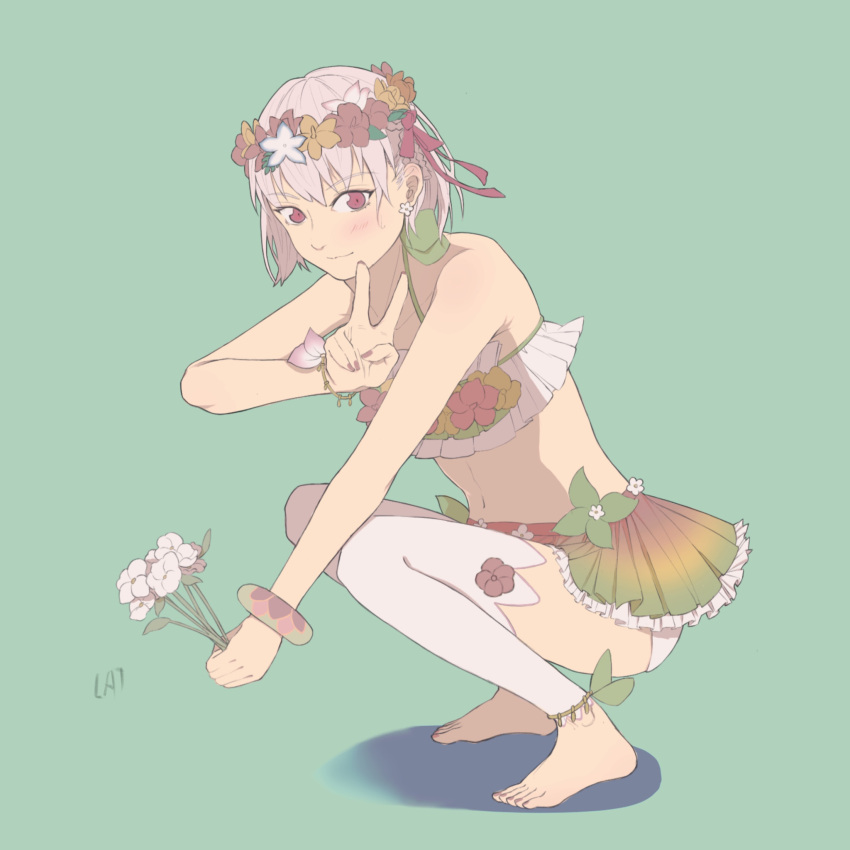 1girl, amunce, anklet, barefoot, bikini, bracelet, earrings, fate/grand_order, fate_(series), flower, frilled_bikini, frills, green_background, hair_ornament, hair_ribbon, head_wreath, highres, holding, holding_flower, jewelry, kama_(fate), kama_(swimsuit_avenger)_(fate), nail_polish, navel, one-piece_swimsuit, red_eyes, ribbon, swimsuit, v, white_hair