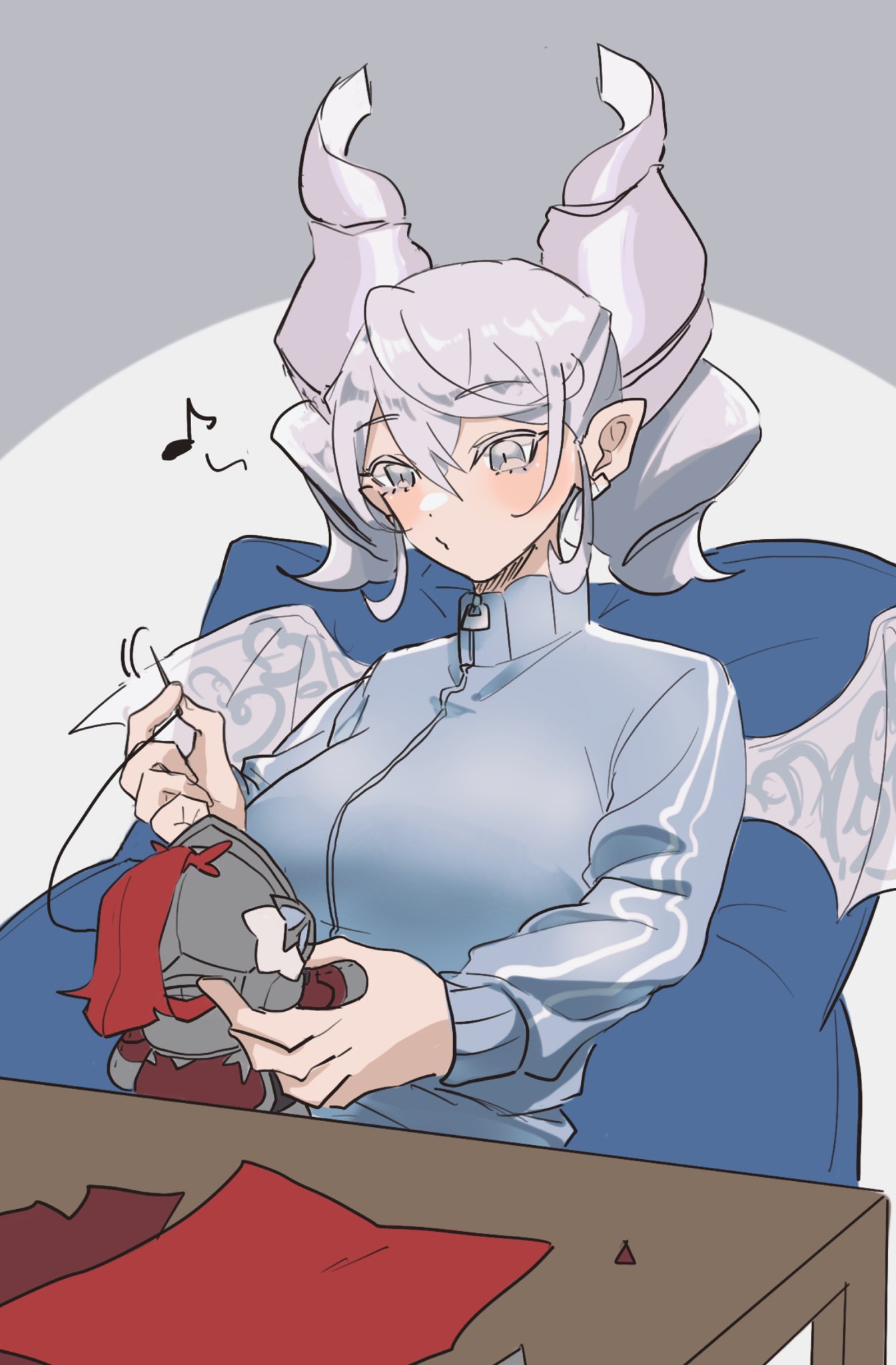 1girl, blue_jacket, blue_track_suit, breasts, commentary_request, demon_girl, demon_horns, demon_wings