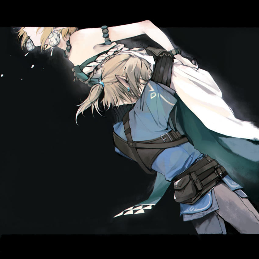 1boy, 1girl, armlet, belt, black_background, black_border, black_sweater, blonde_hair, blue_tunic, bob_cut, border, bracelet, brown_belt, champion's_tunic_(zelda), closed_eyes, dress, dutch_angle, earrings, green_dress, head_out_of_frame, hetero, hug, jewelry, jiaoyan_chacha, letterboxed, link, long_dress, necklace, outside_border, pants, pointy_ears, princess_zelda, short_hair, short_ponytail, shoulder_belt, strapless, strapless_dress, sweater, the_legend_of_zelda, the_legend_of_zelda:_tears_of_the_kingdom, turtleneck, turtleneck_sweater, two-tone_dress, white_dress