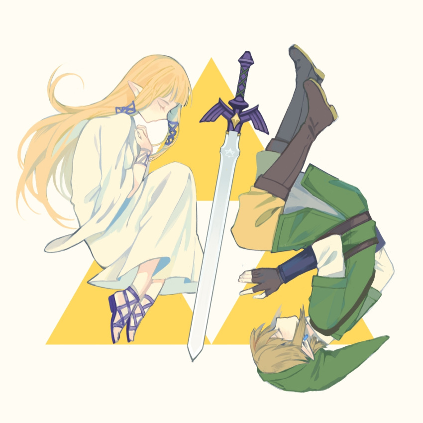 1boy, 1girl, blonde_hair, blunt_bangs, boots, brown_footwear, brown_gloves, closed_eyes, dress, earrings, fetal_position, fingerless_gloves, from_side, gladiator_sandals, gloves, green_hat, green_tunic, hat, jewelry, jiaoyan_chacha, link, long_hair, long_sleeves, master_sword, orange_pants, pants, pointy_ears, princess_zelda, sandals, short_hair, straight_hair, the_legend_of_zelda, the_legend_of_zelda:_skyward_sword, triforce, upside-down, white_background, white_dress