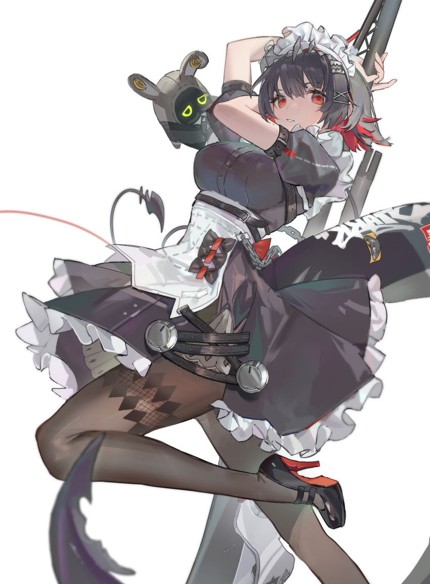 1girl, absurdres, apron, bangboo_(zenless_zone_zero), black_dress, black_footwear, black_hair, black_pantyhose