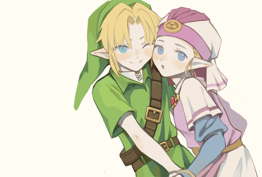 1boy, 1girl, :o, ;), belt, belt_buckle, blonde_hair, blue_eyes