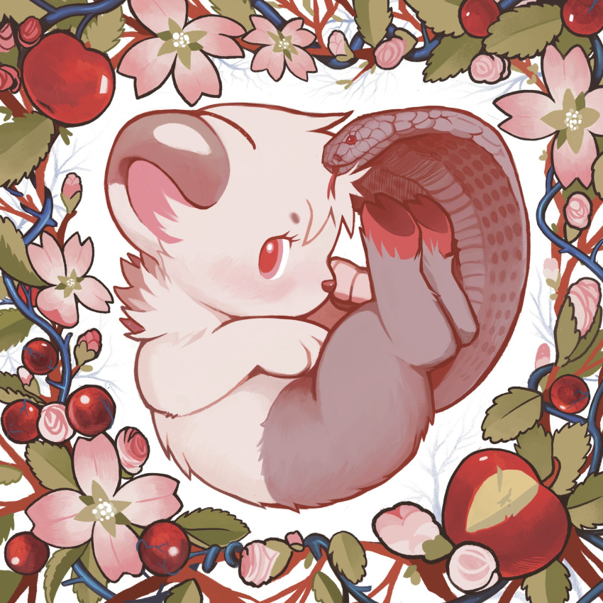 animal, animal_focus, apple, border, commentary, creature, english_commentary, eyelashes