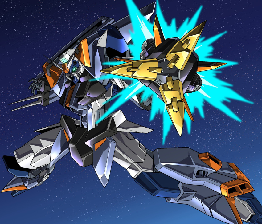amakawa_mayu, duel_blitz_gundam, firing, firing_at_viewer, green_eyes, gundam, gundam_seed, gundam_seed_freedom, highres, mecha, mecha_focus, mobile_suit, no_humans, robot, science_fiction, solo, v-fin, weapon
