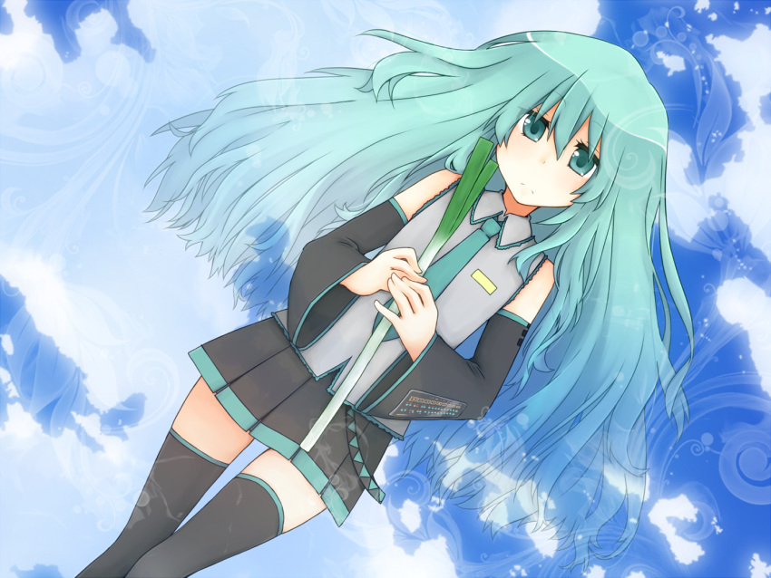 alternate_hairstyle, aqua_eyes, aqua_hair, cielo_oceano, cloud, clouds, detached_sleeves, expressionless